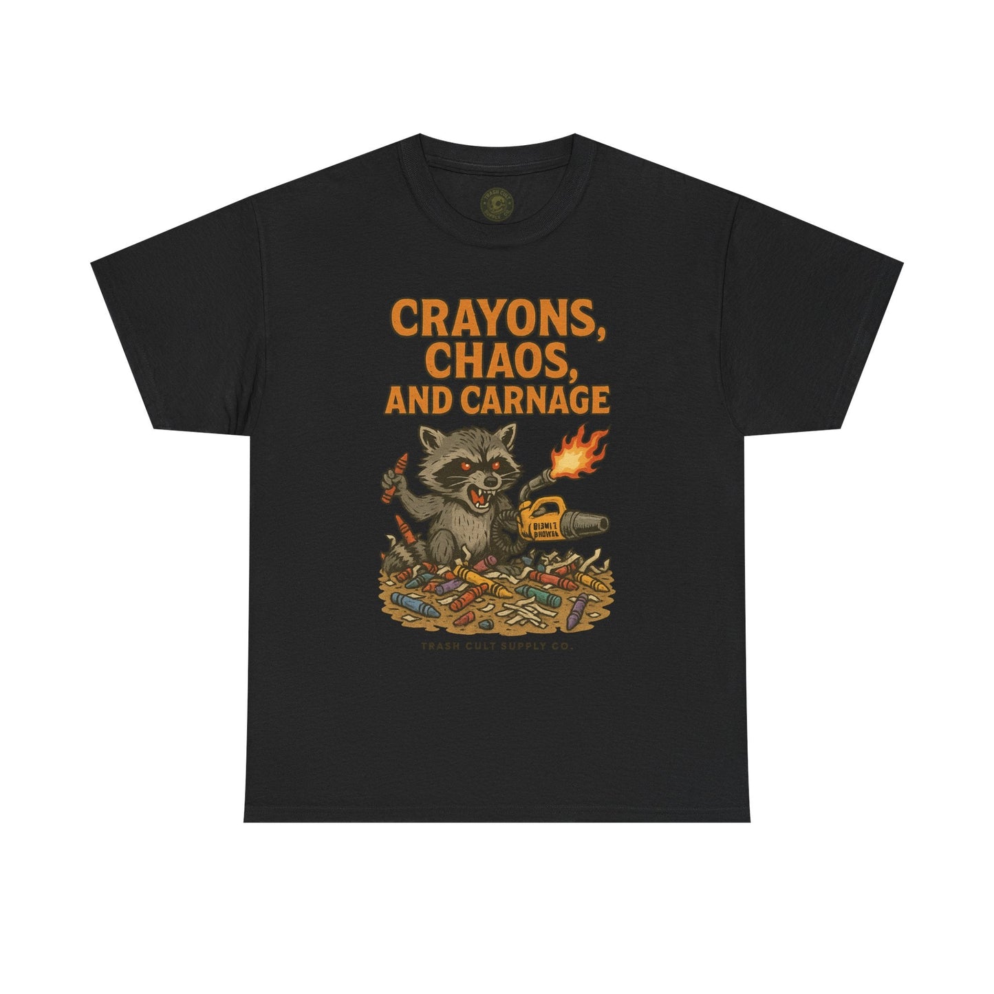 Crayons, Chaos, and Carnage T-Shirt – Dark Humor Raccoon Graphic | Trash Cult Supply Co. | Gildan 5000 Tee