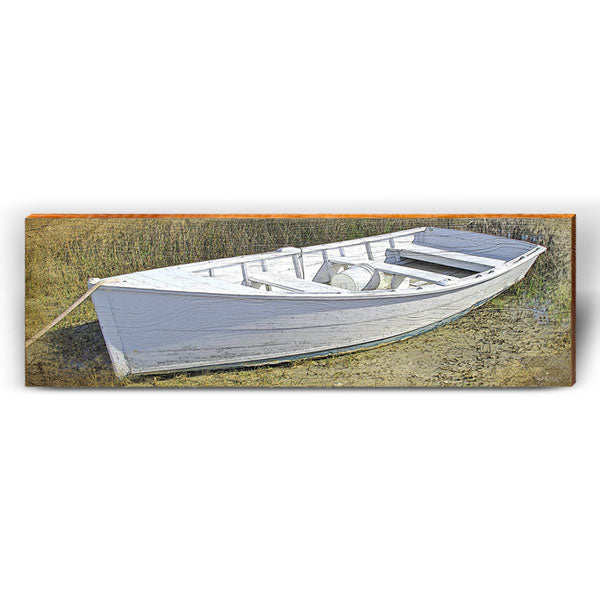 Charming White Boat | Wall Art Print on Real Wood