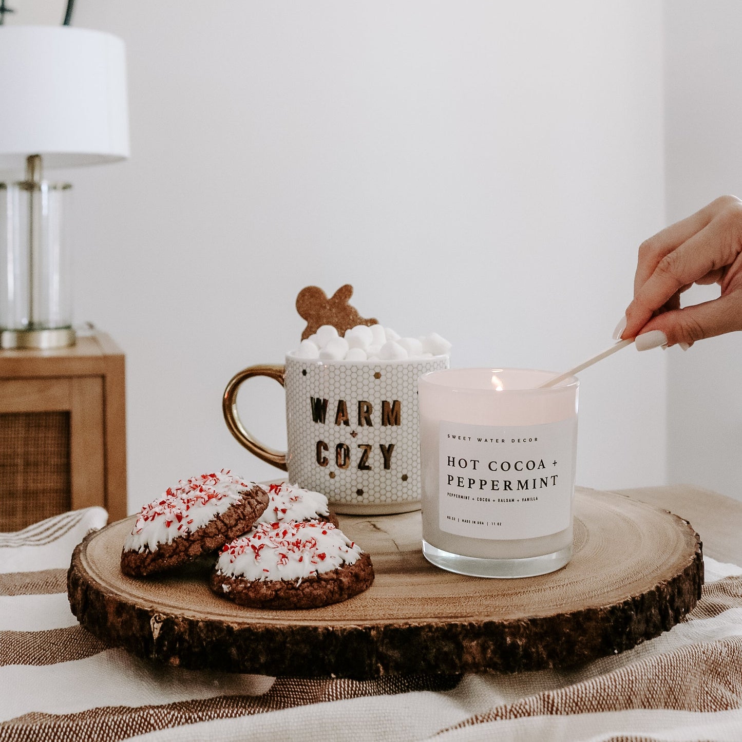 Hot Cocoa and Peppermint Soy Candle - White Jar - 11 oz