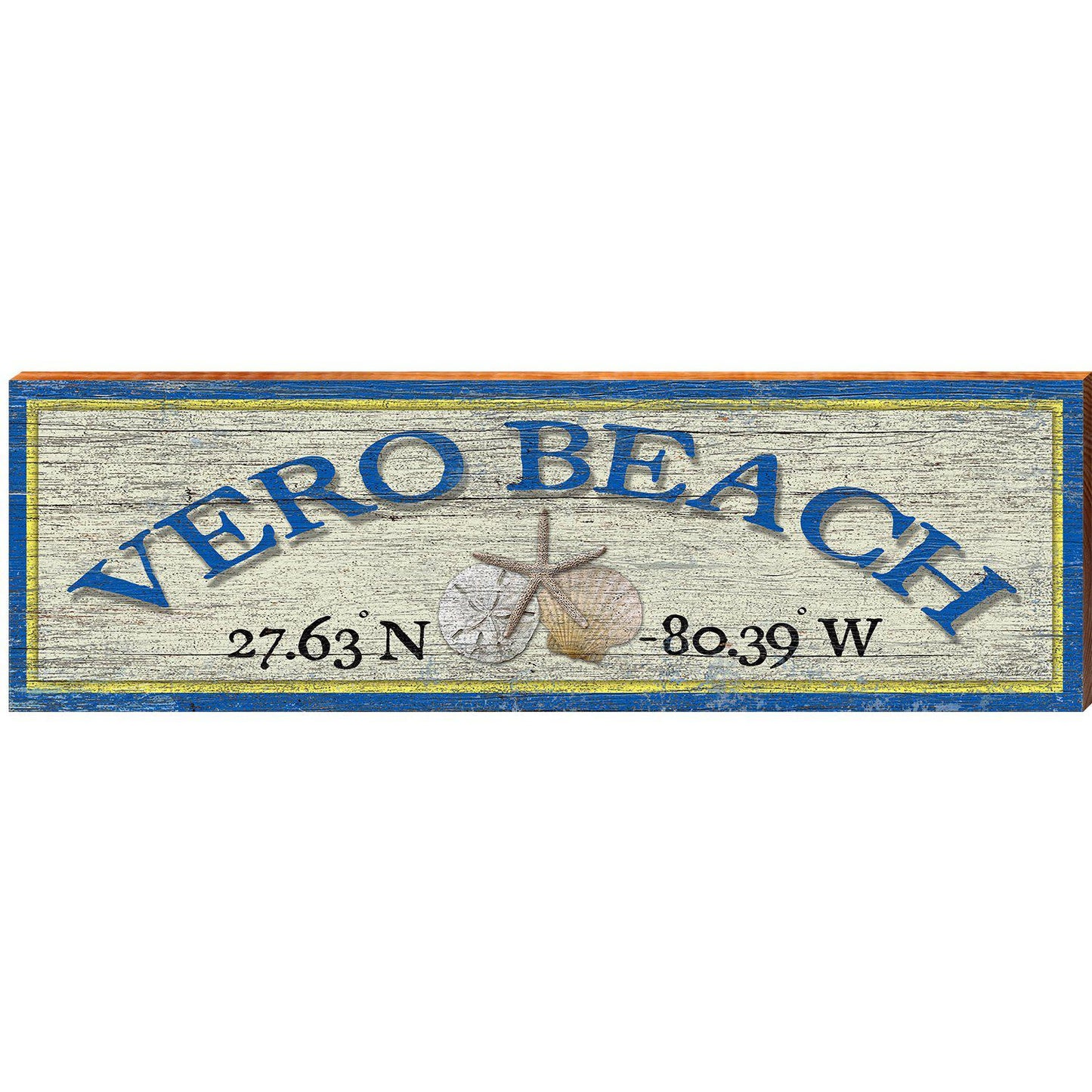 Vero Beach Triple Shells White Latitude Longitude | Wall Art Print on Real Wood