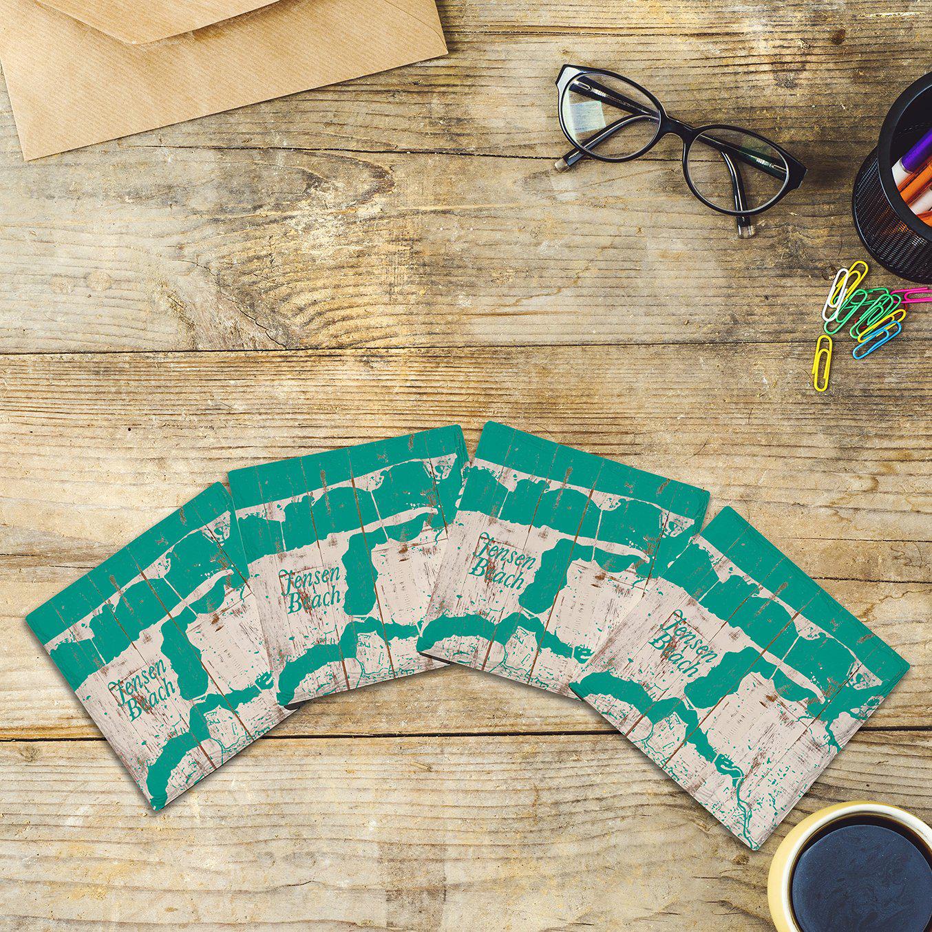 Jensen Beach, Florida Shabby Teal Map |Drink Coaster Set