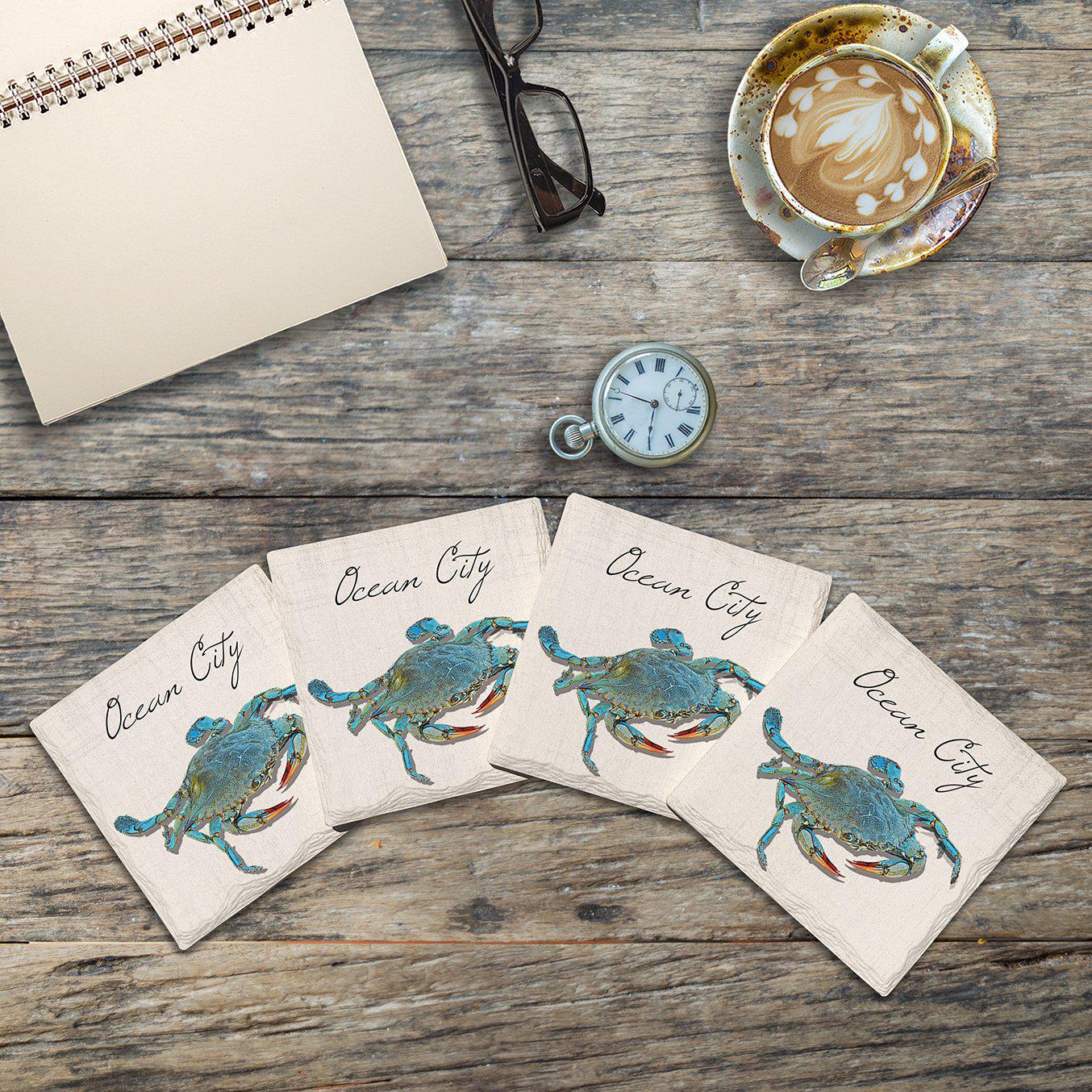Ocean City, Blue Crab Maryland & New Jersey | Drink Coaster Set of 4 | Absorbent Ridged Ceramic with Cork Backing