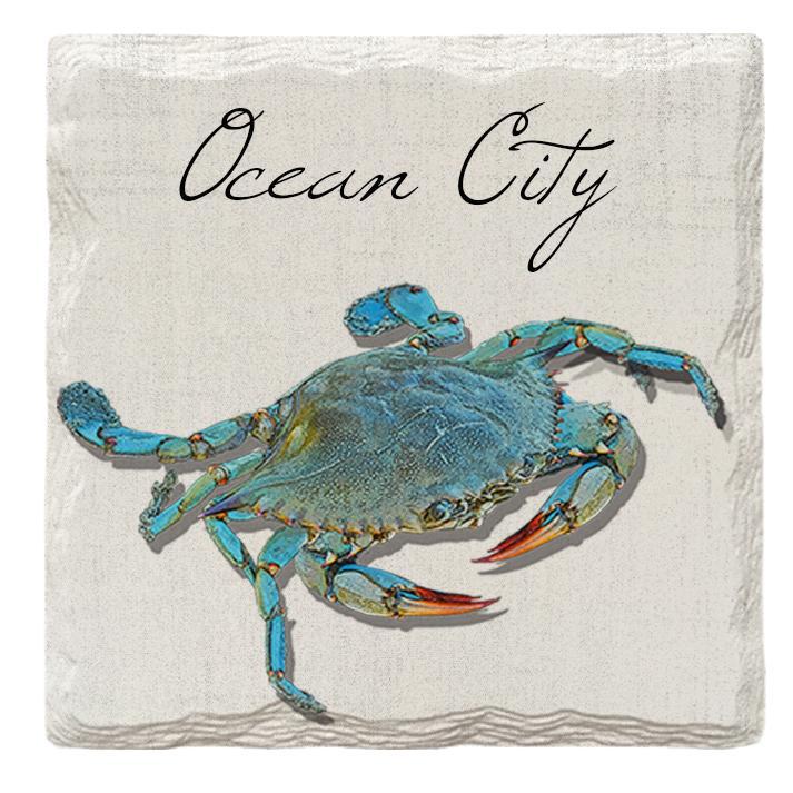 Ocean City, Blue Crab Maryland & New Jersey | Drink Coaster Set of 4 | Absorbent Ridged Ceramic with Cork Backing
