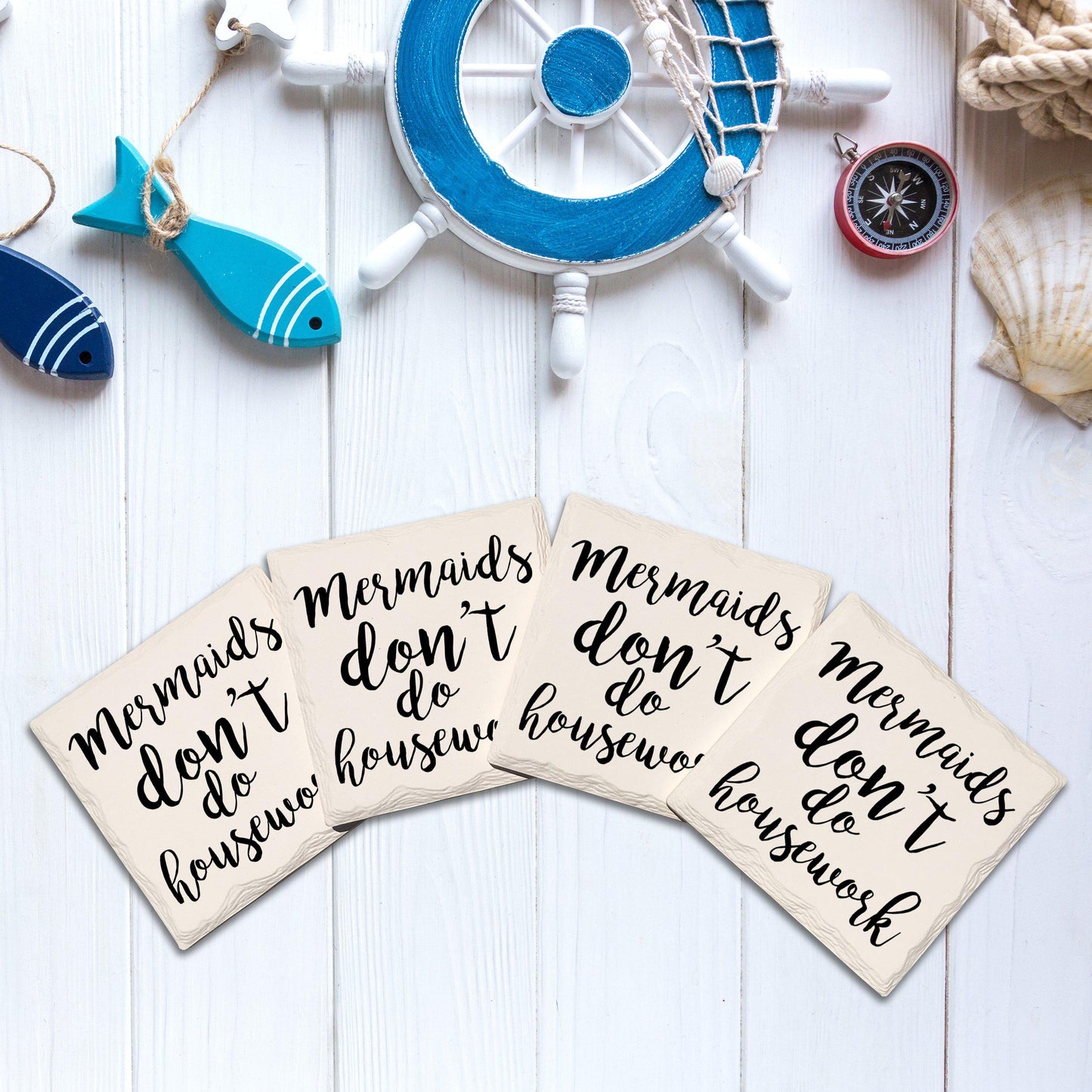 Mermaids Don't Do Housework | Drink Coaster Set of 4 | Absorbent Ridged Ceramic with Cork Backing
