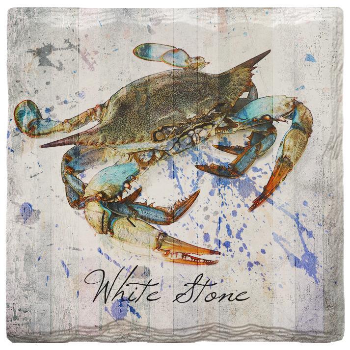 White Stone Watercolor Blue Crab Coaster Set