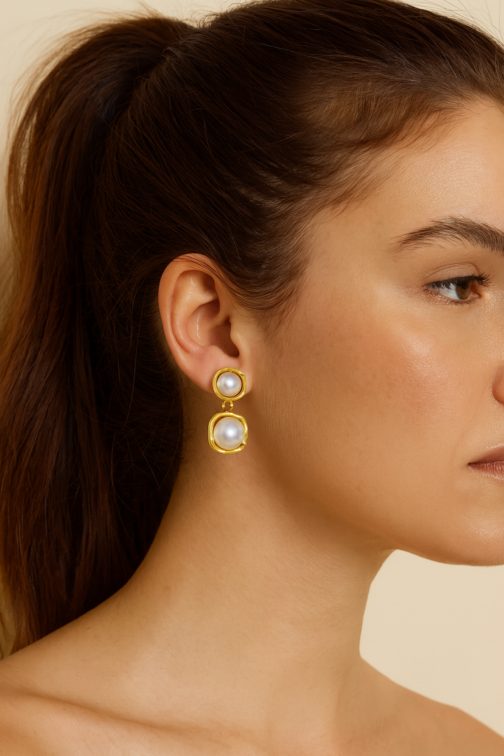 Double Pearl Drop Earrings 18K Gold Non Tarnish