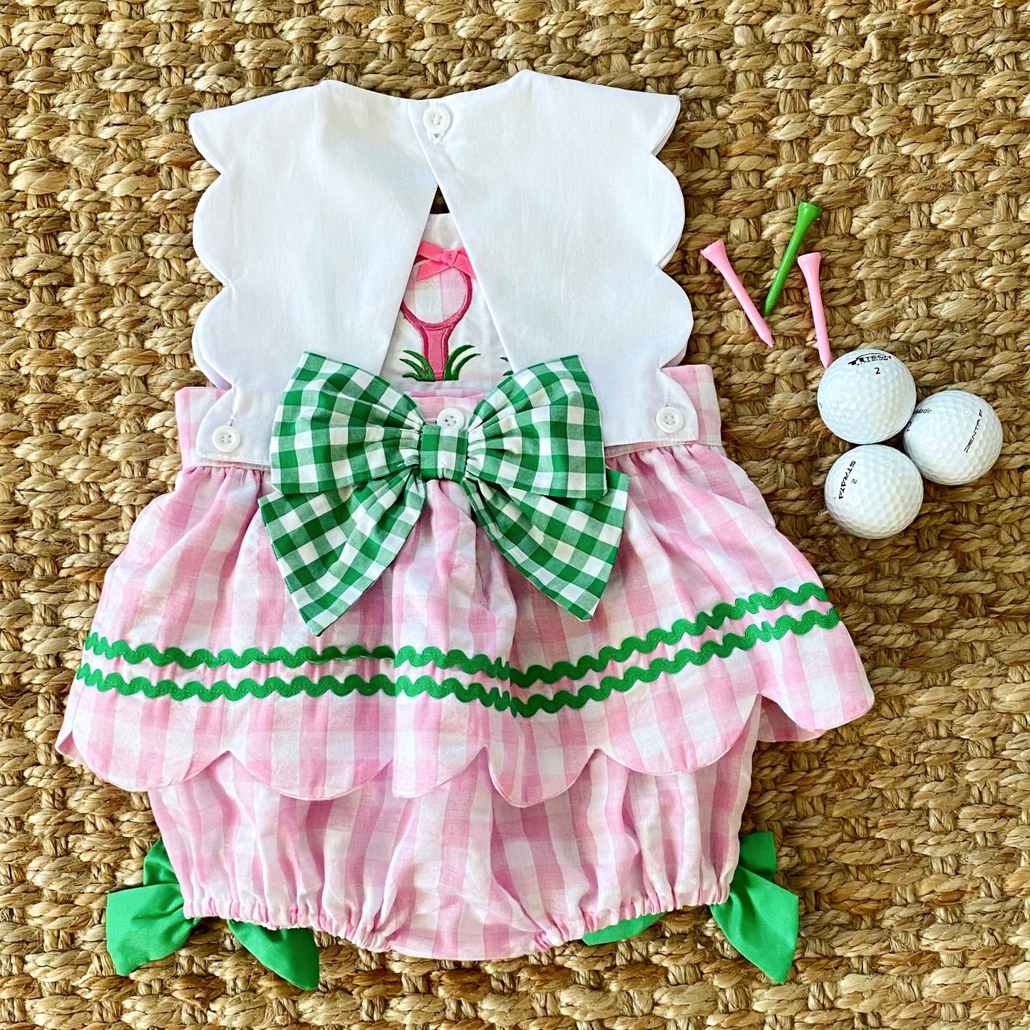 First Birthday Golf Bubble for Girls – Reversible Pink Gingham Skirted Bubble Outfit