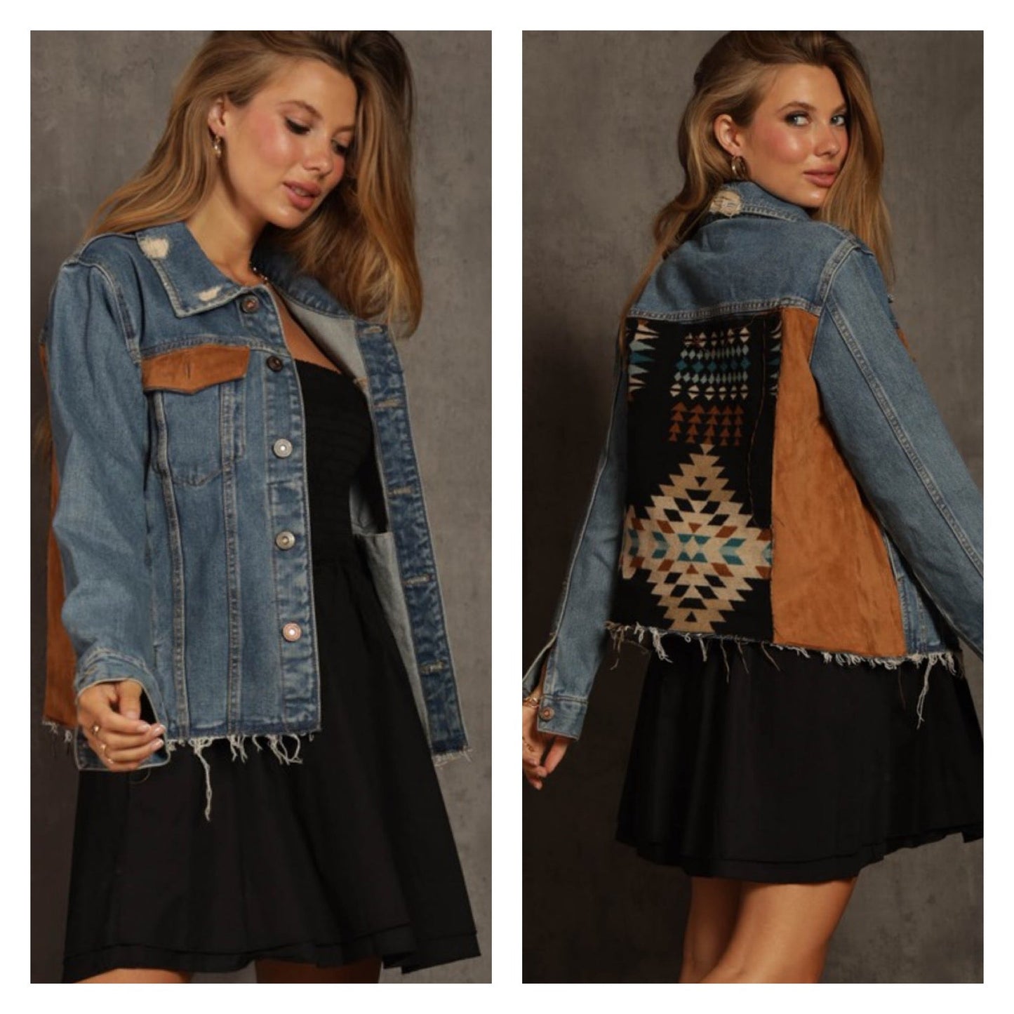FINAL SALE - Aztec Denim and Faux Suede Jacket