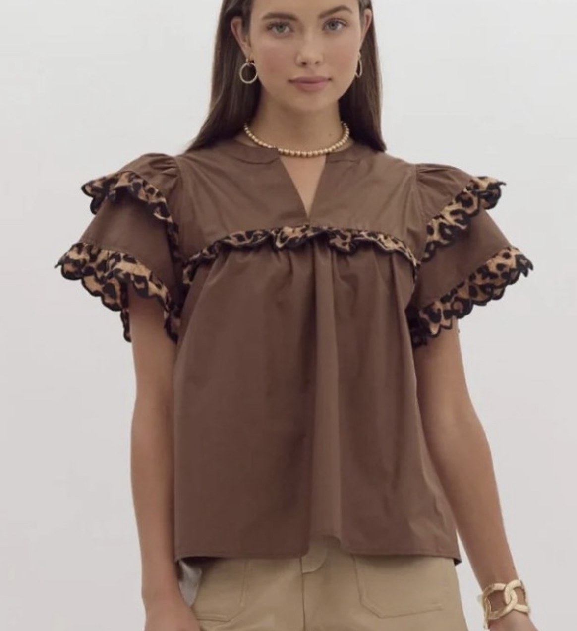 Tiered Cheetah Scallop Ruffle Shirt