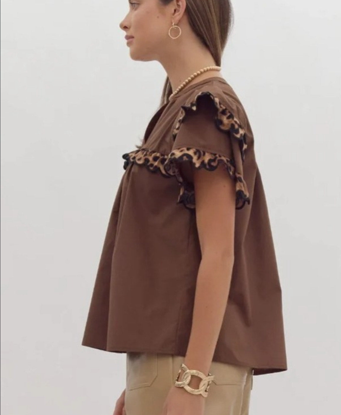 Tiered Cheetah Scallop Ruffle Shirt