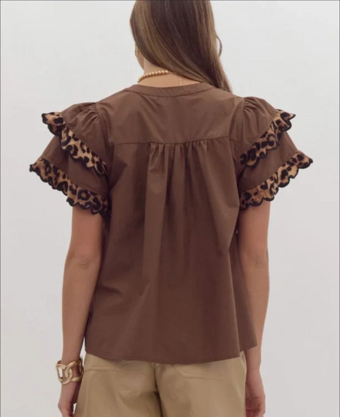 Tiered Cheetah Scallop Ruffle Shirt