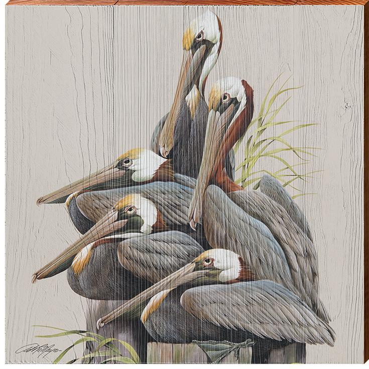Coastal Pelicans Wooden Artwork | Wall Art Print on Real Wood | Coastal Beach Sign Decor