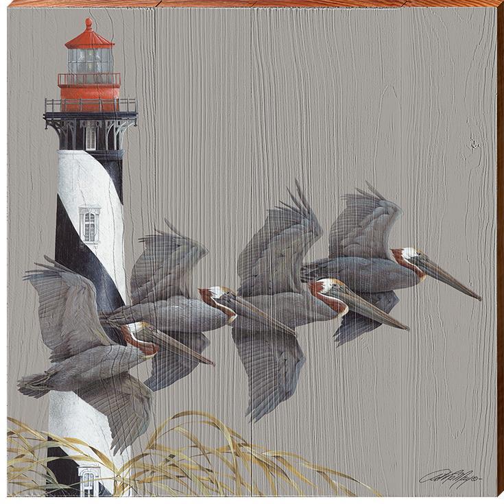 Pelicans in Flight Wooden Artwork | Wall Art Print on Real Wood | Artist: Art Lamay | Coastal Beach House Home Decor
