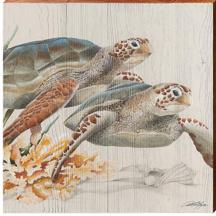 Sea Turtle Duo Wooden Artwork | Wall Art Print on Real Wood | Artist: Art Lamay | Coastal Beach House Home Decor