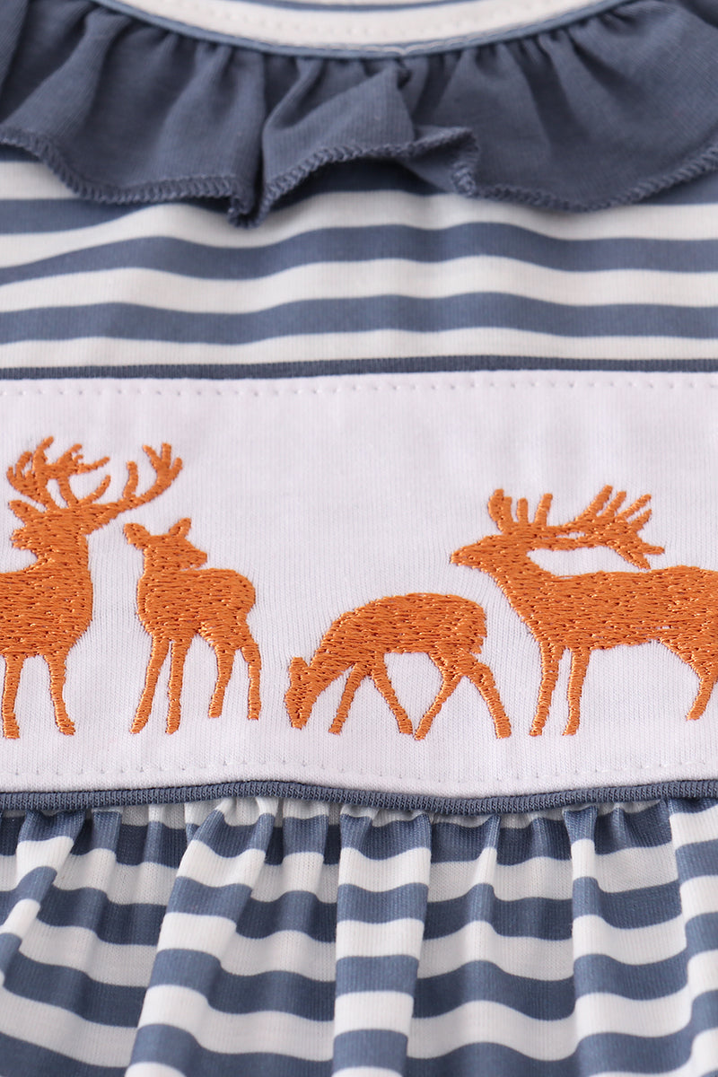 Navy deer embroidery ruffle pants set