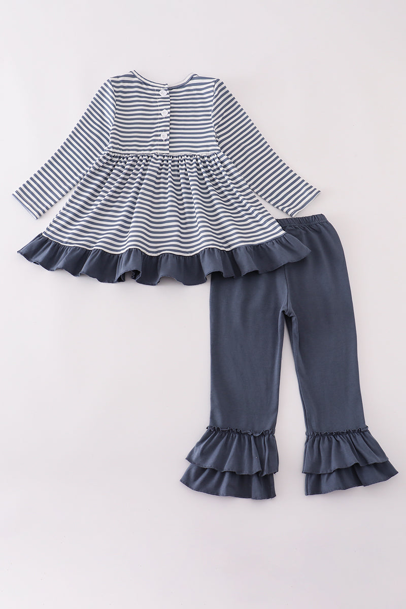 Navy deer embroidery ruffle pants set
