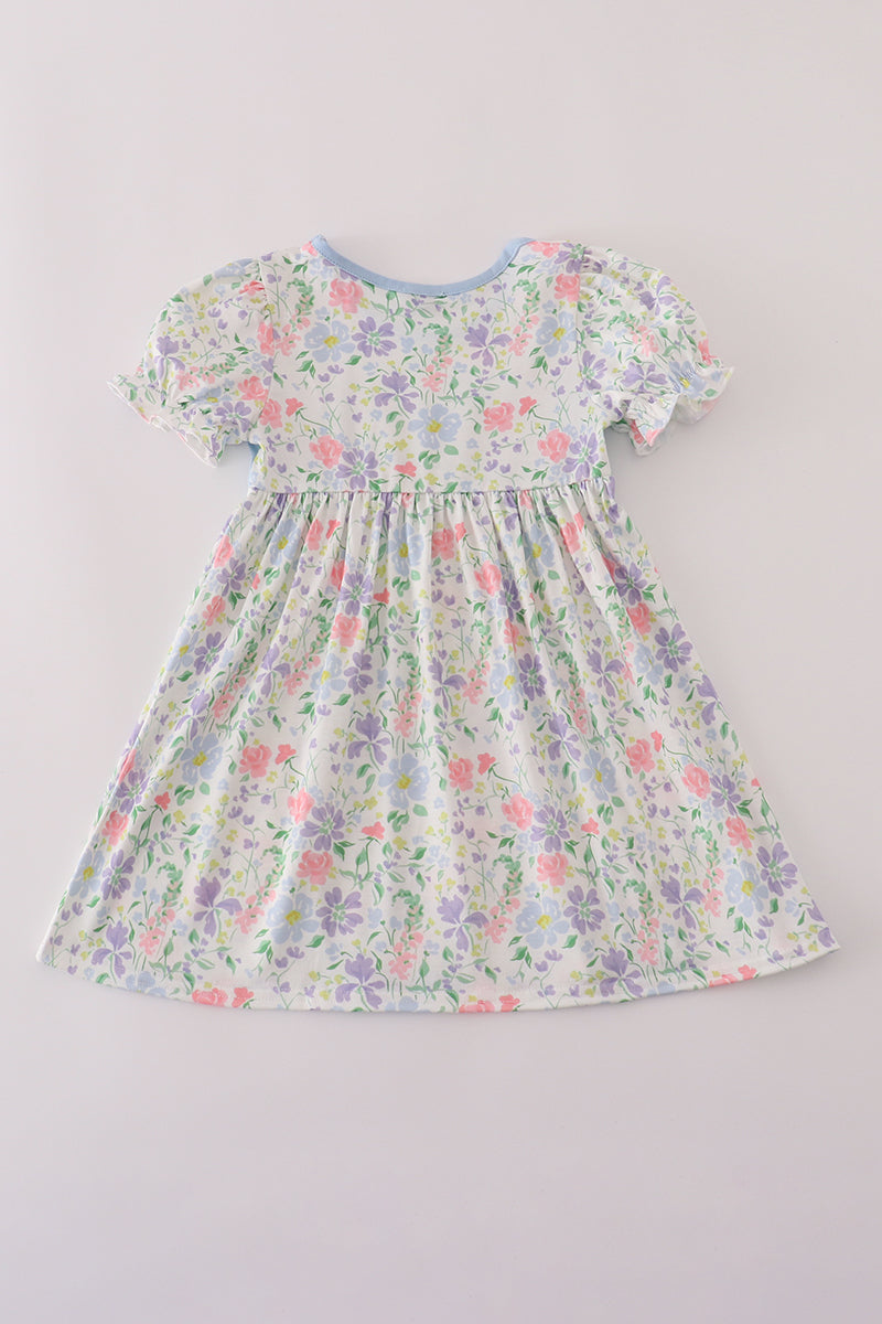 Floral print crayon apple embroidery ruffle dress