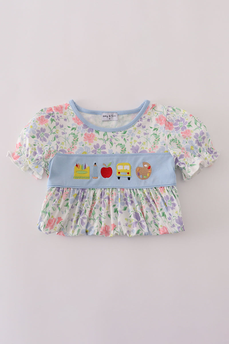 Floral print crayon apple embroidery ruffle dress