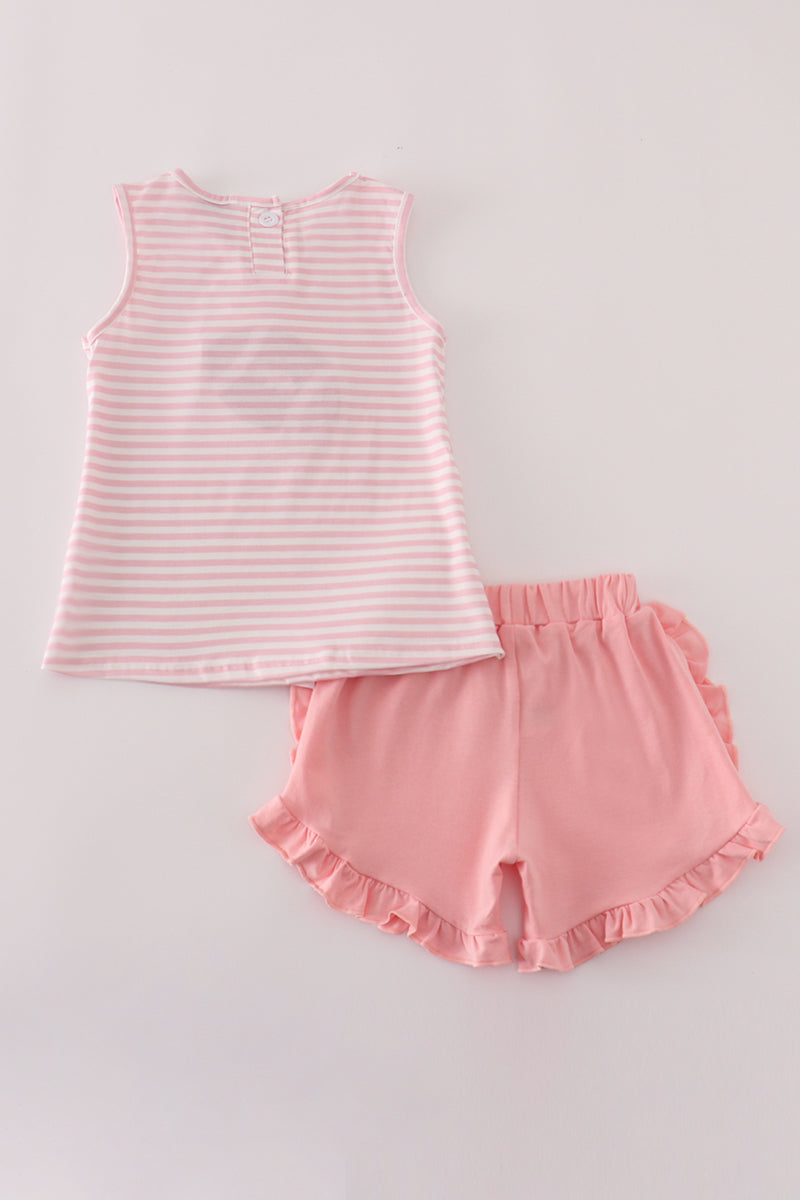 Pink stripe football french knot embroidery ruffle shorts set