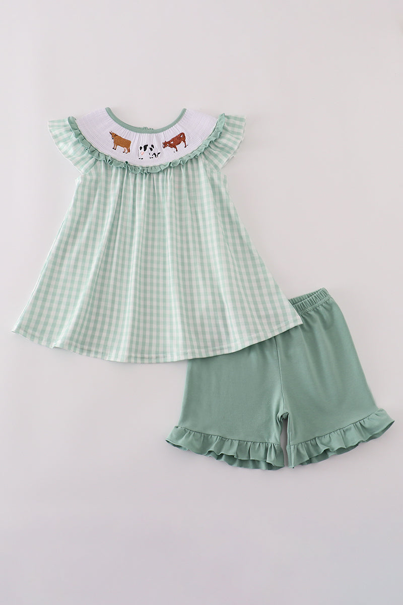 Green cow embroidery smocked gingham ruffle shorts set