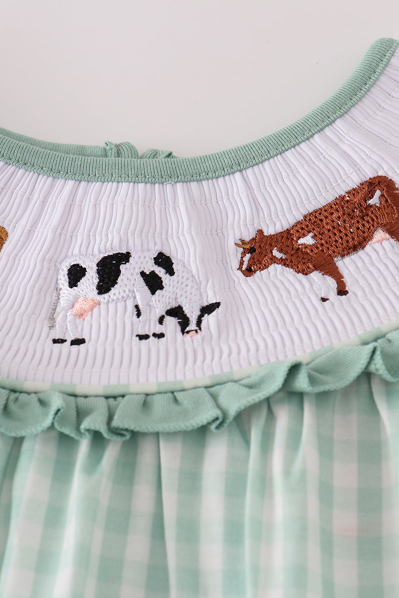 Green cow embroidery smocked gingham ruffle shorts set