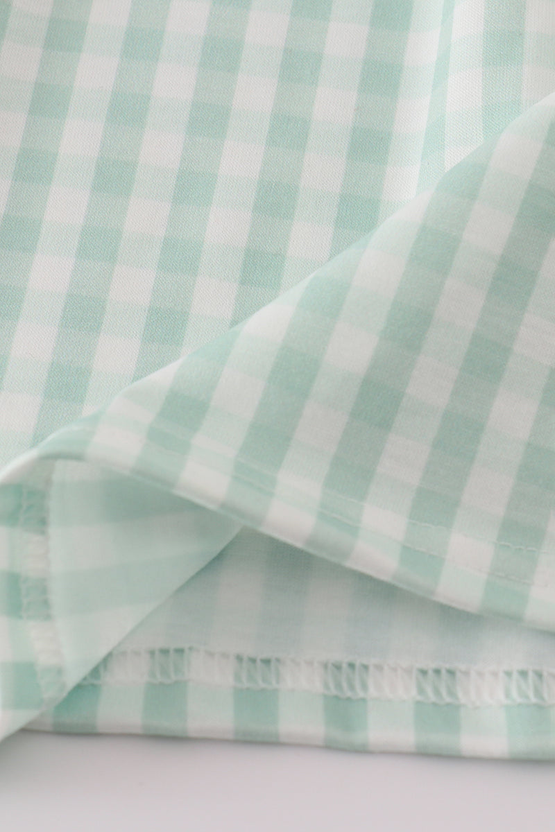 Green cow embroidery smocked gingham ruffle shorts set