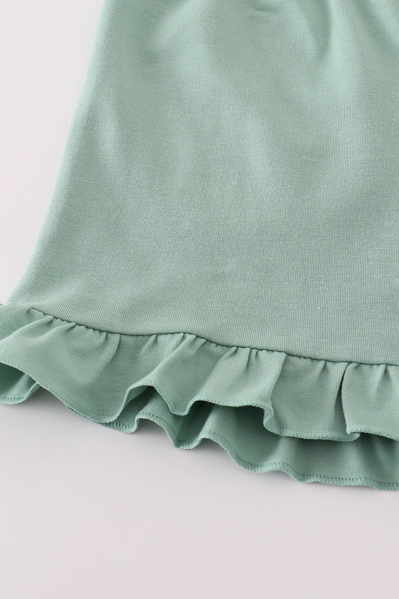Green cow embroidery smocked gingham ruffle shorts set