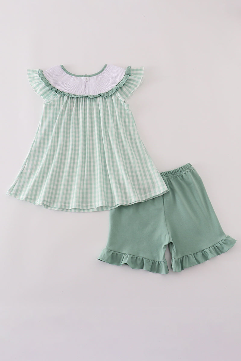 Green cow embroidery smocked gingham ruffle shorts set