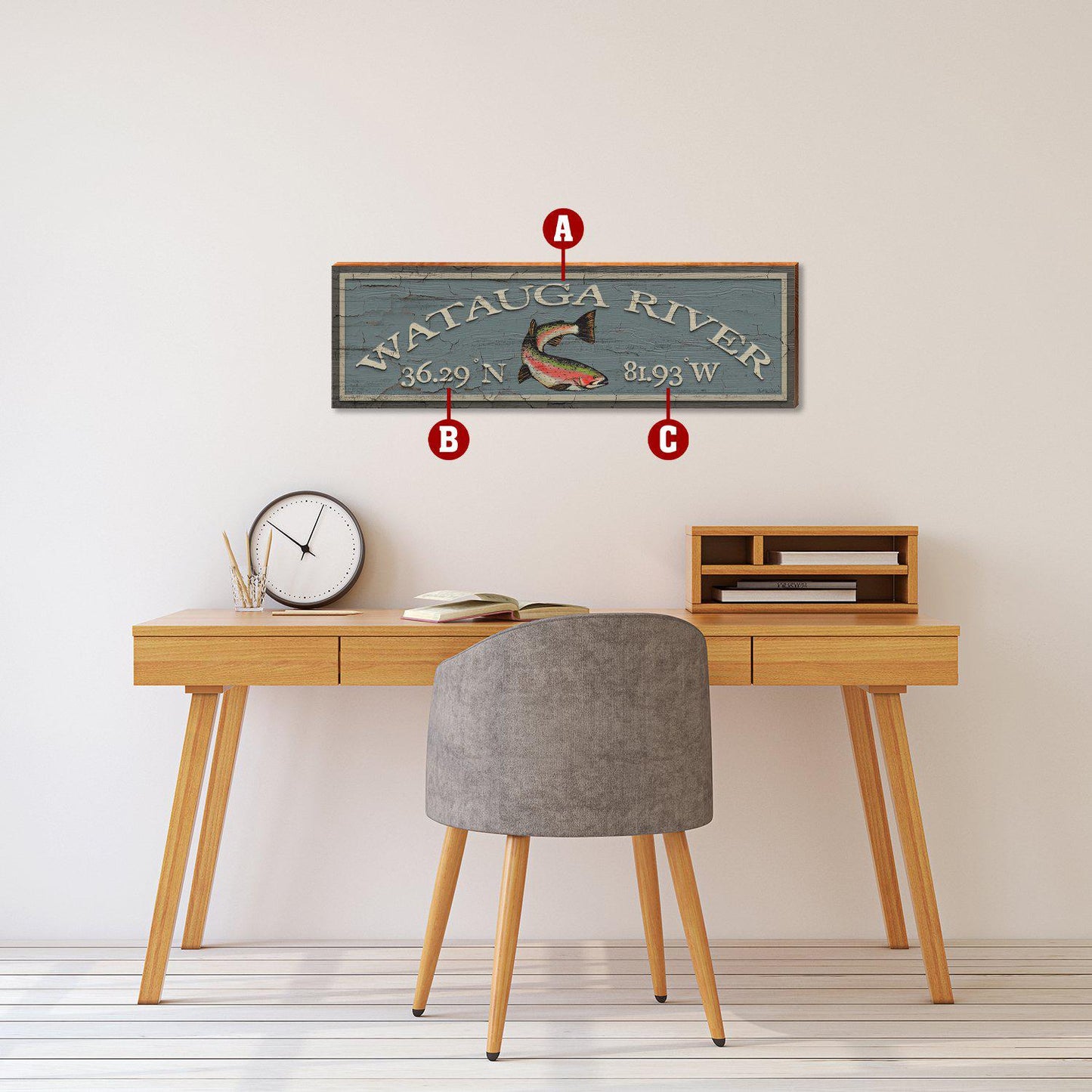 Lodge Blue with Rainbow Trout Latitude Longitude Customizable | Wall Art Print on Real Wood