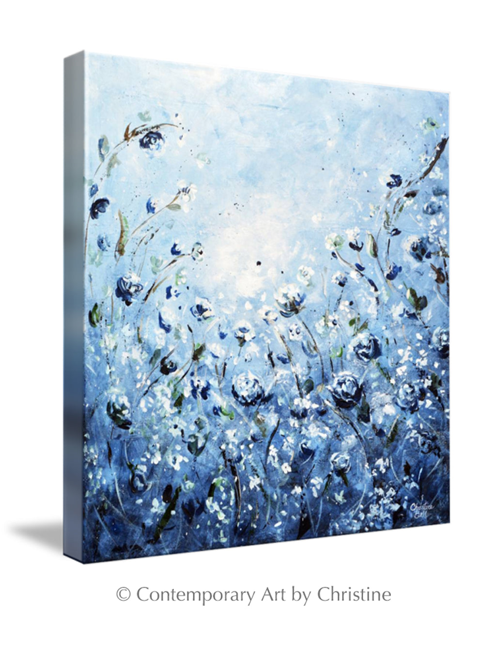 "Moonlight Symphony" GICLEE PRINT Art Abstract Floral Painting Blue White Flowers