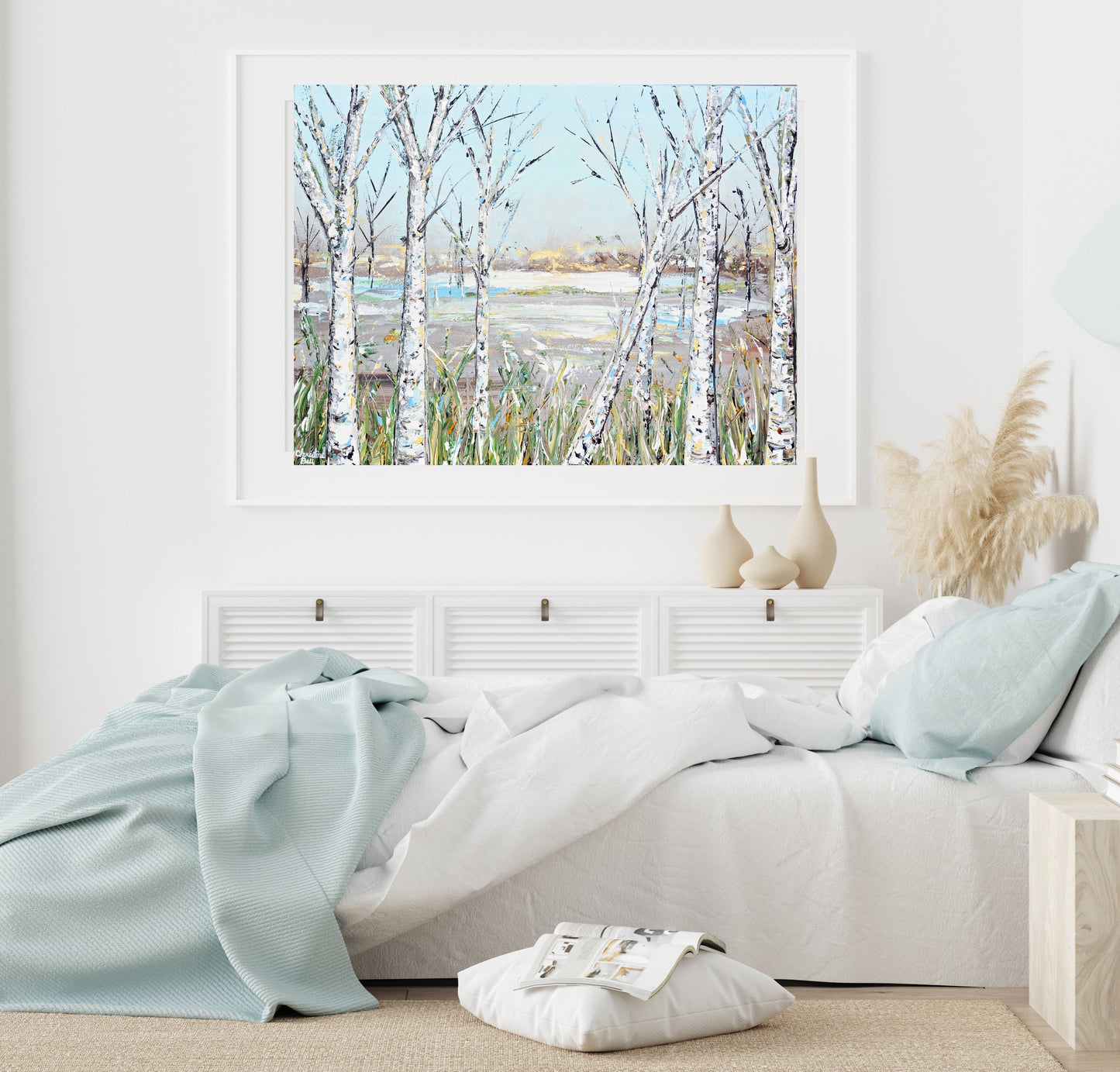 "Just Breathe" Giclee Print Art Abstract Landscape Painting Birch Trees Light Blue White