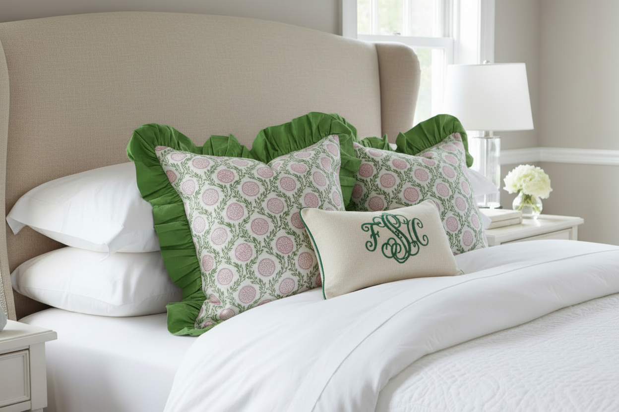 Pink Flowers and Vines - Ruffle Pillow Cover