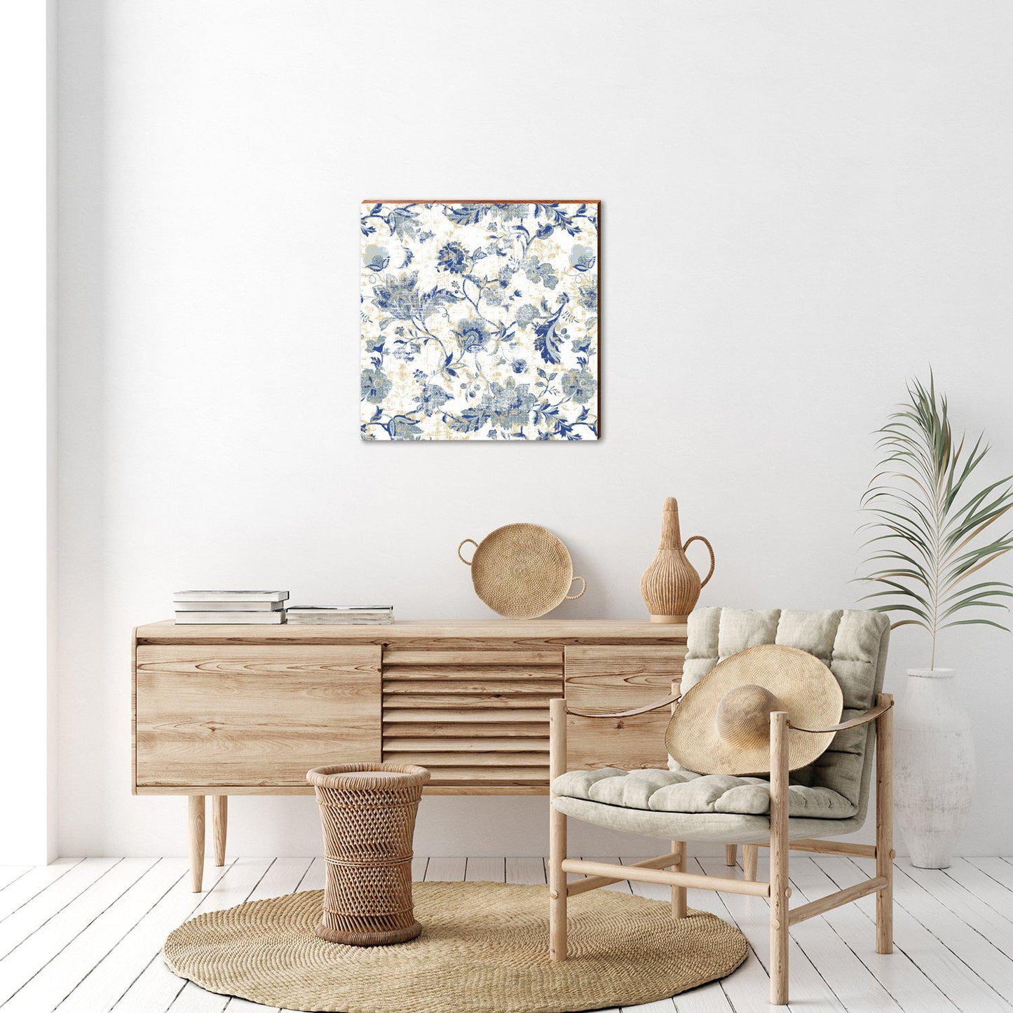 Boho Rug Pattern Teal Floral | Wall Art Print on Real Wood