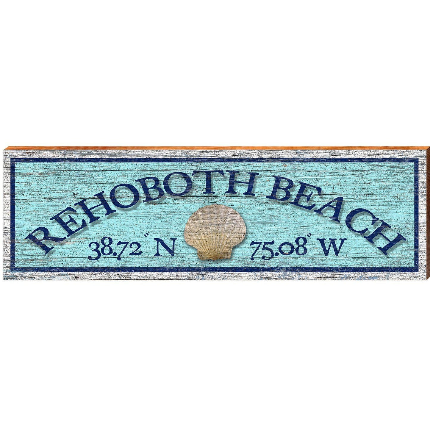 Rehoboth Beach Shell Blue Latitude Longitude | Wall Art Print on Real Wood