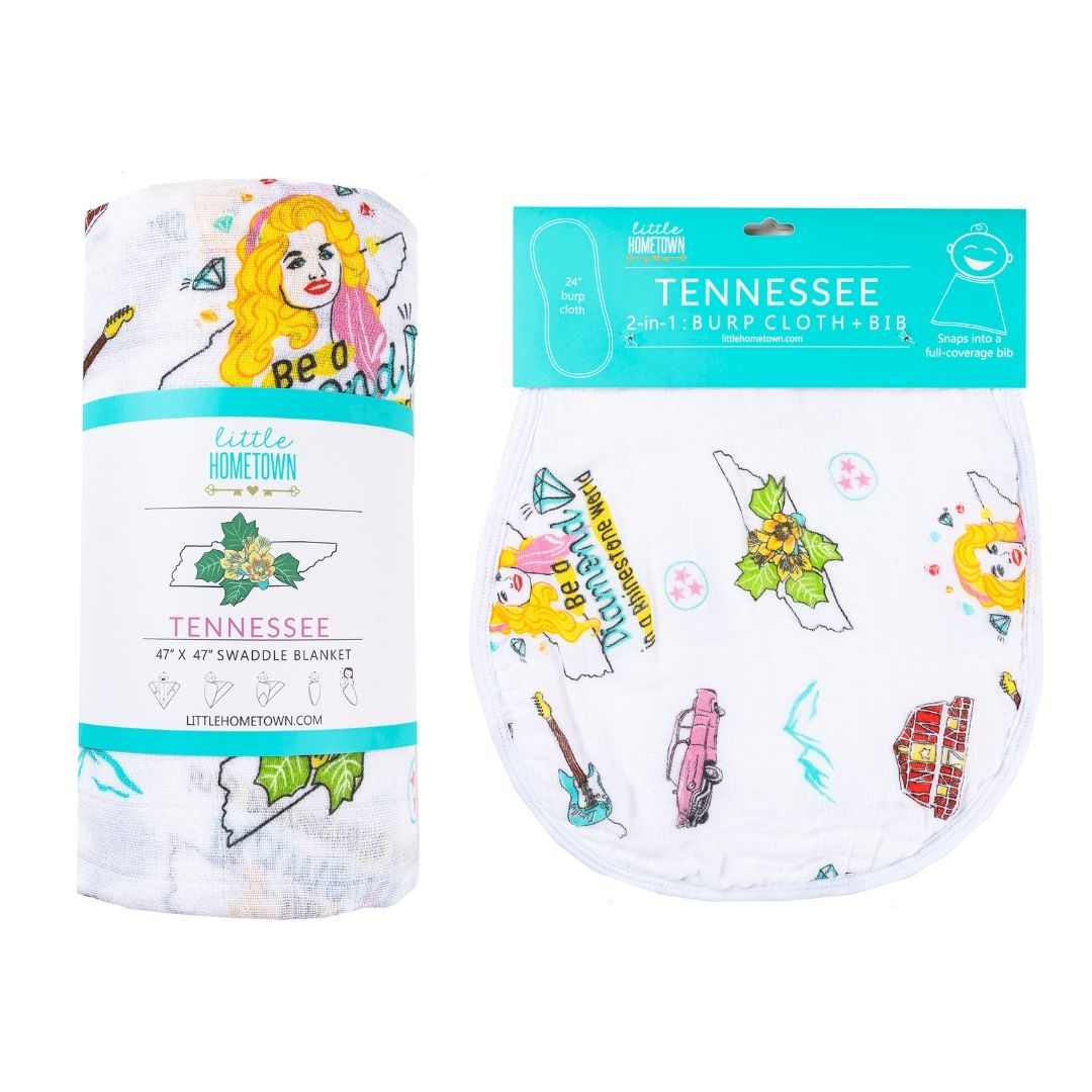 Gift Set: Tennessee Baby Muslin Swaddle Blanket and Burp Cloth/Bib Combo (Floral) Soft Breathable Bamboo Cotton