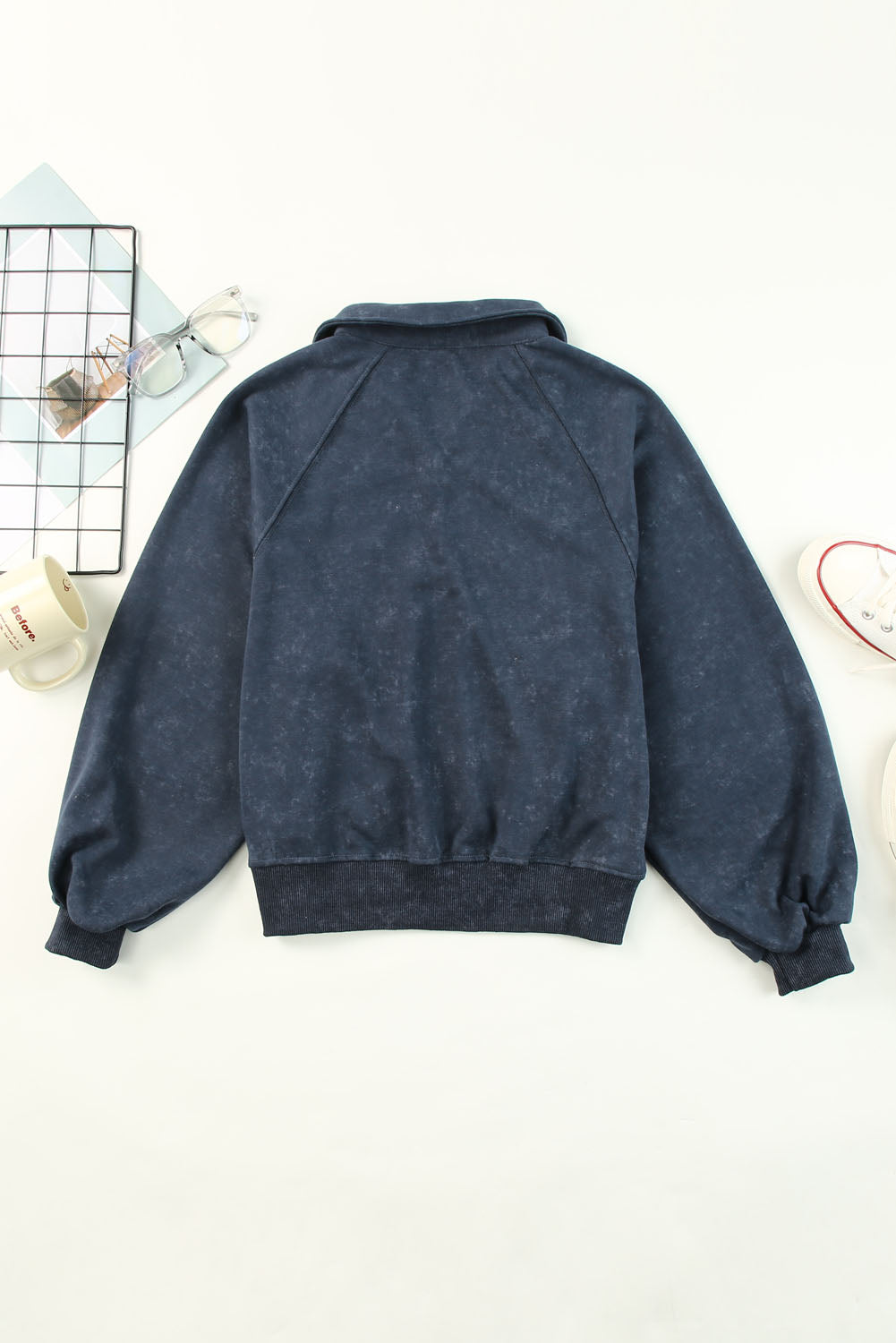 Blue Washed Snap Buttons Lantern Sleeve Pullover Sweatshirt