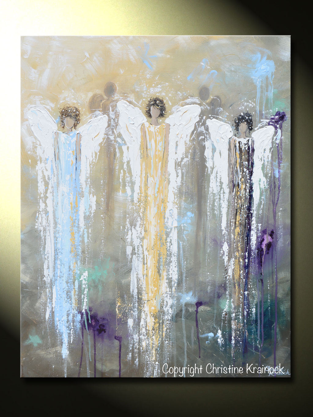 GICLEE PRINT Abstract Angel Painting 3 Guardian Angels Blue Gold Inspirational Spiritual Wall Art