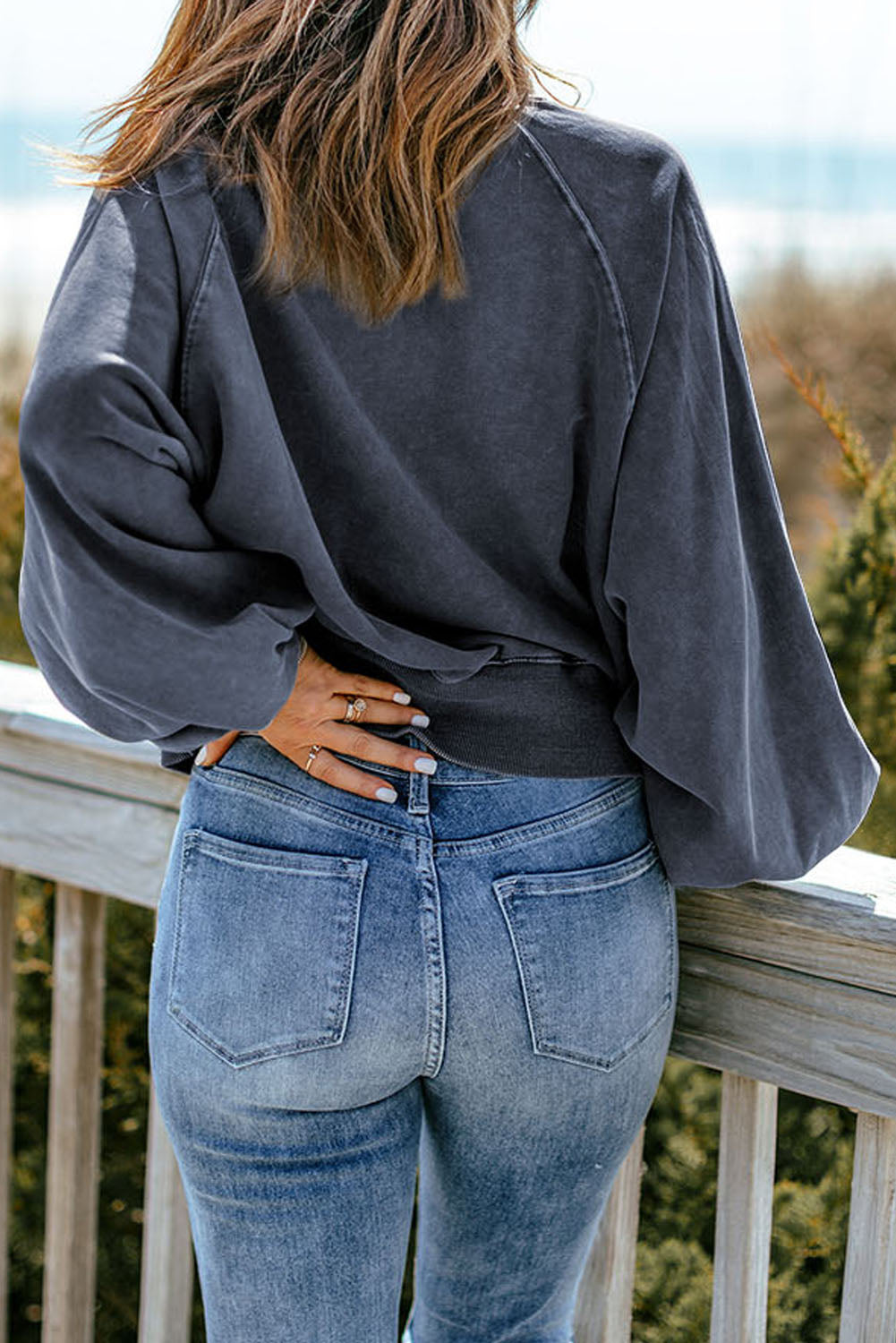 Blue Washed Snap Buttons Lantern Sleeve Pullover Sweatshirt