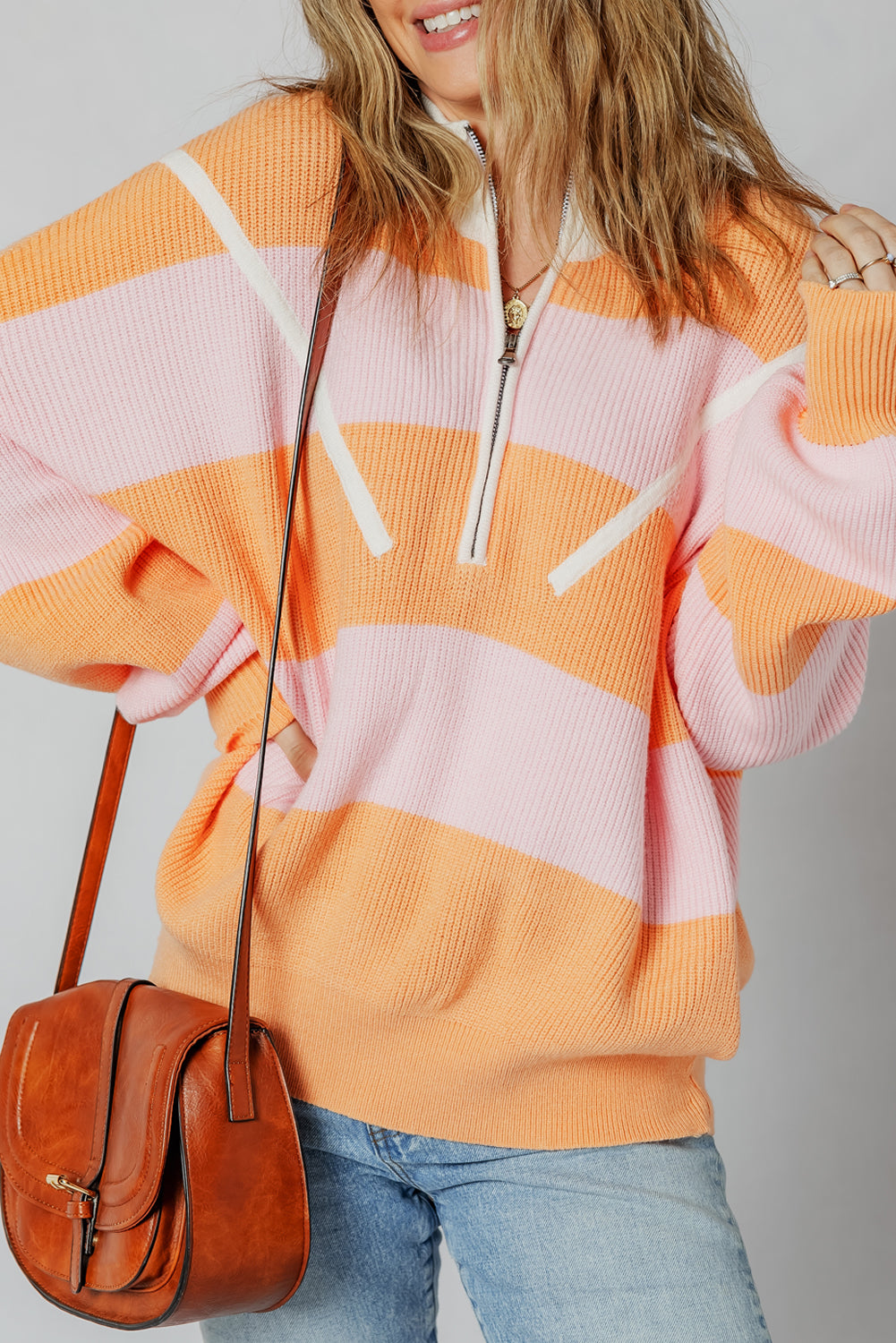 Orange Stripe Colorblock Half Zip Oversize Sweater