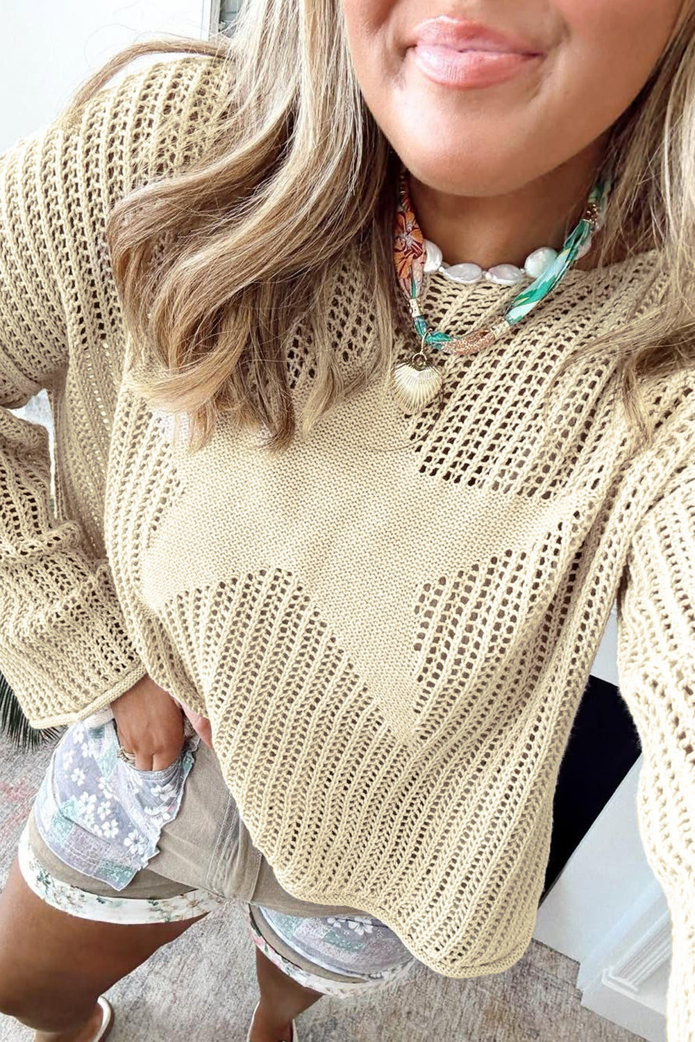 Parchment Hollow Out Knit Star Pattern Accent Plus Size Jumper