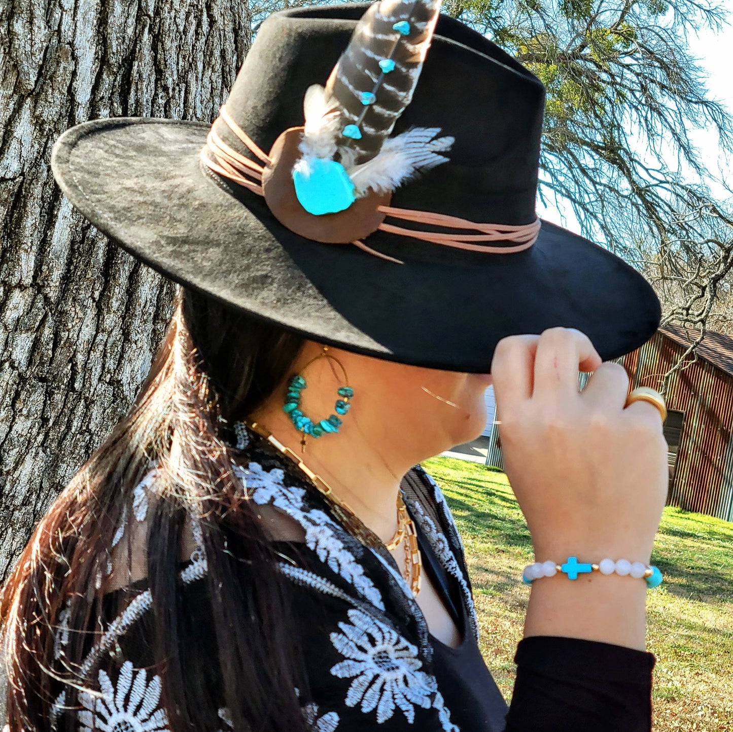 Beaded Hoop Earrings Natural Turquoise w/ Cross Dangle 221c