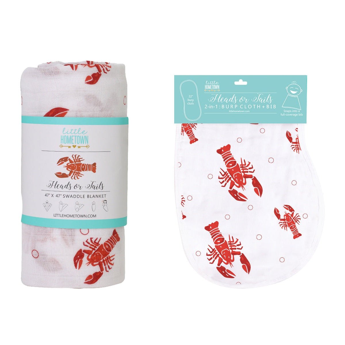 Gift Set: Heads Tails Crawfish Lobster Baby Muslin Swaddle Blanket and Burp Cloth/Bib Combo Extra Large Bamboo Cotton