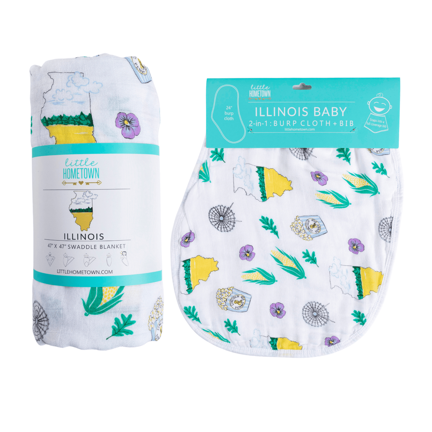Gift Set: illinois Baby Muslin Swaddle Blanket and Burp Cloth/Bib Combo Soft Breathable Bamboo Cotton