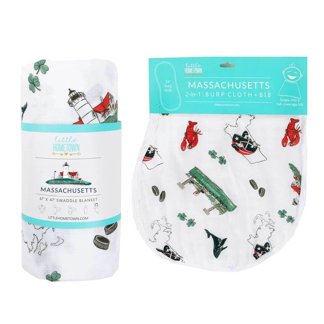 Gift Set: Massachusetts Baby Muslin Swaddle Blanket and Burp Cloth/Bib Combo Soft Breathable Bamboo Cotton
