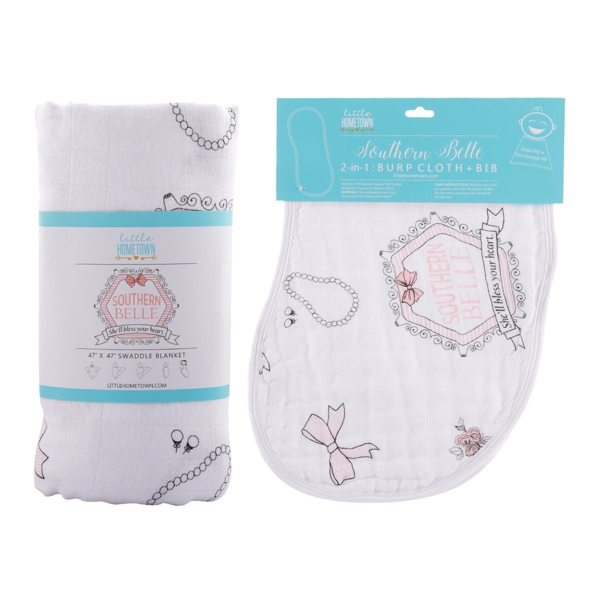 Gift Set: Southern Belle Baby Muslin Swaddle Blanket and Burp Cloth/Bib Combo Extra Large Bamboo Cotton