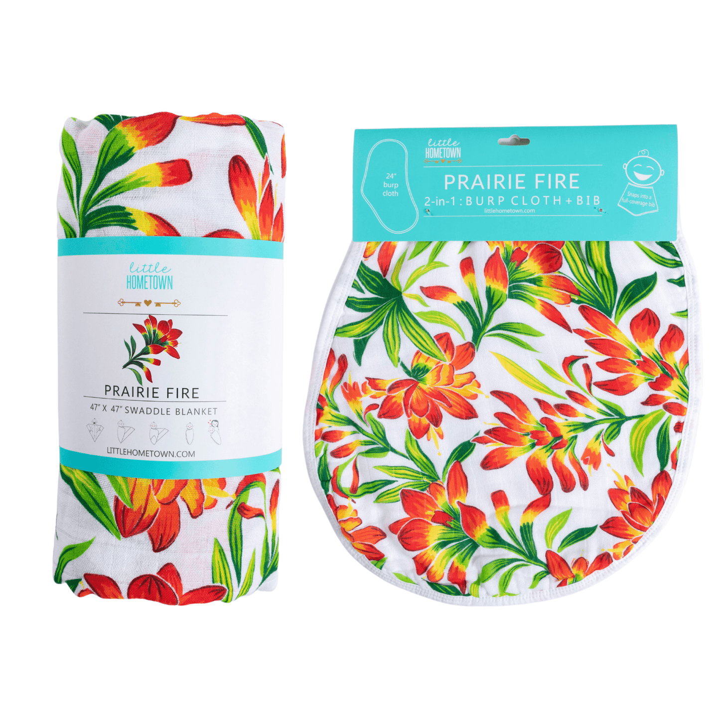 GiftSet: Prairie Fire Baby Muslin Swaddle Blanket and Burp Cloth/Bib Combo Extra Large Bamboo Cotton