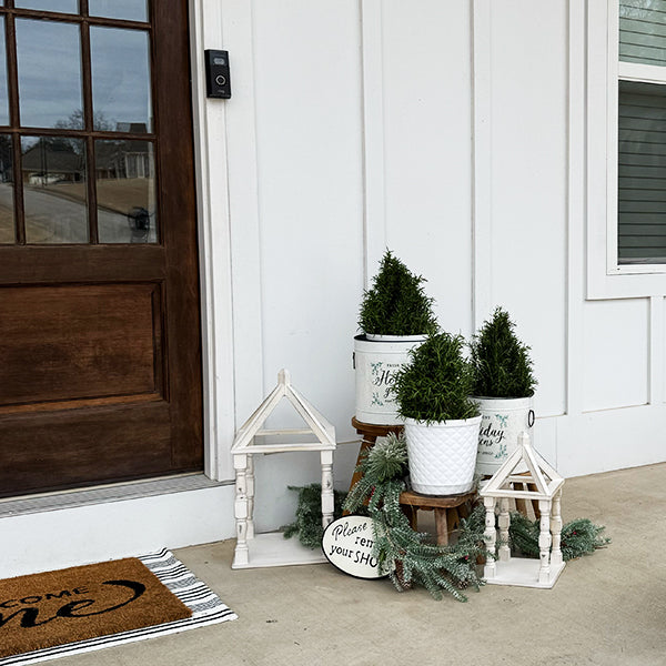 Distressed White Turned Wooden Open Lanterns, Set of Two