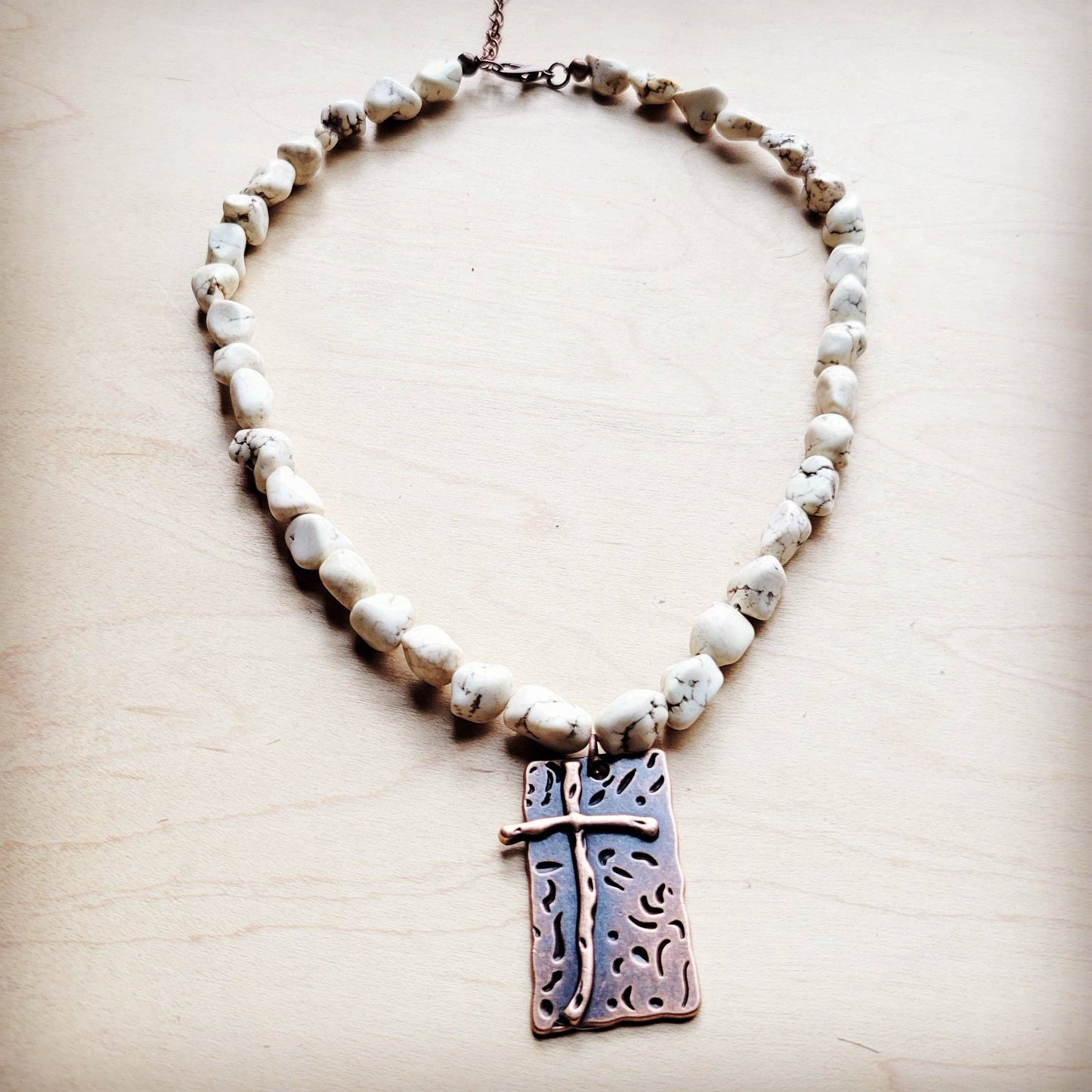 White Turquoise Collar Necklace w/ Copper Cross Pendant 259y