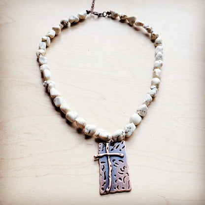 White Turquoise Collar Necklace w/ Copper Cross Pendant 259y