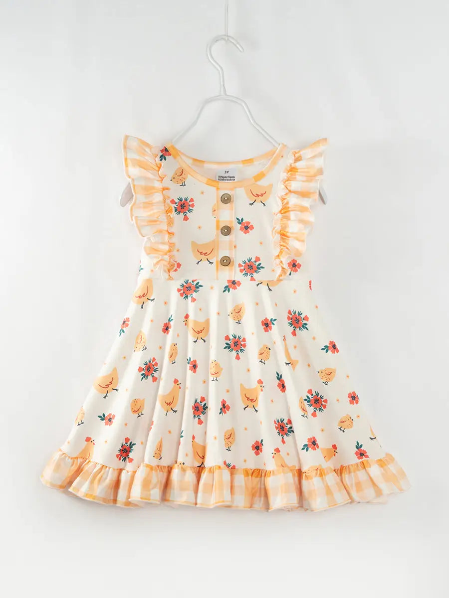 FINAL SALE-Easter Yellow Chicken Ruffle Girl Twirl Dress